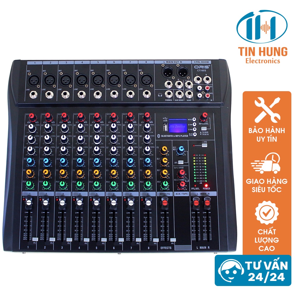 Mixer bluetooth Oris CT-80S bảo hành 1 năm chính hãng, mixer karaoke đầy đủ chức năng xử lý âm thanh chuyên nghiệp