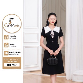 Đầm công sở CITI MODE FASHION thiết kế dáng A đen phối cổ trắng DH3927