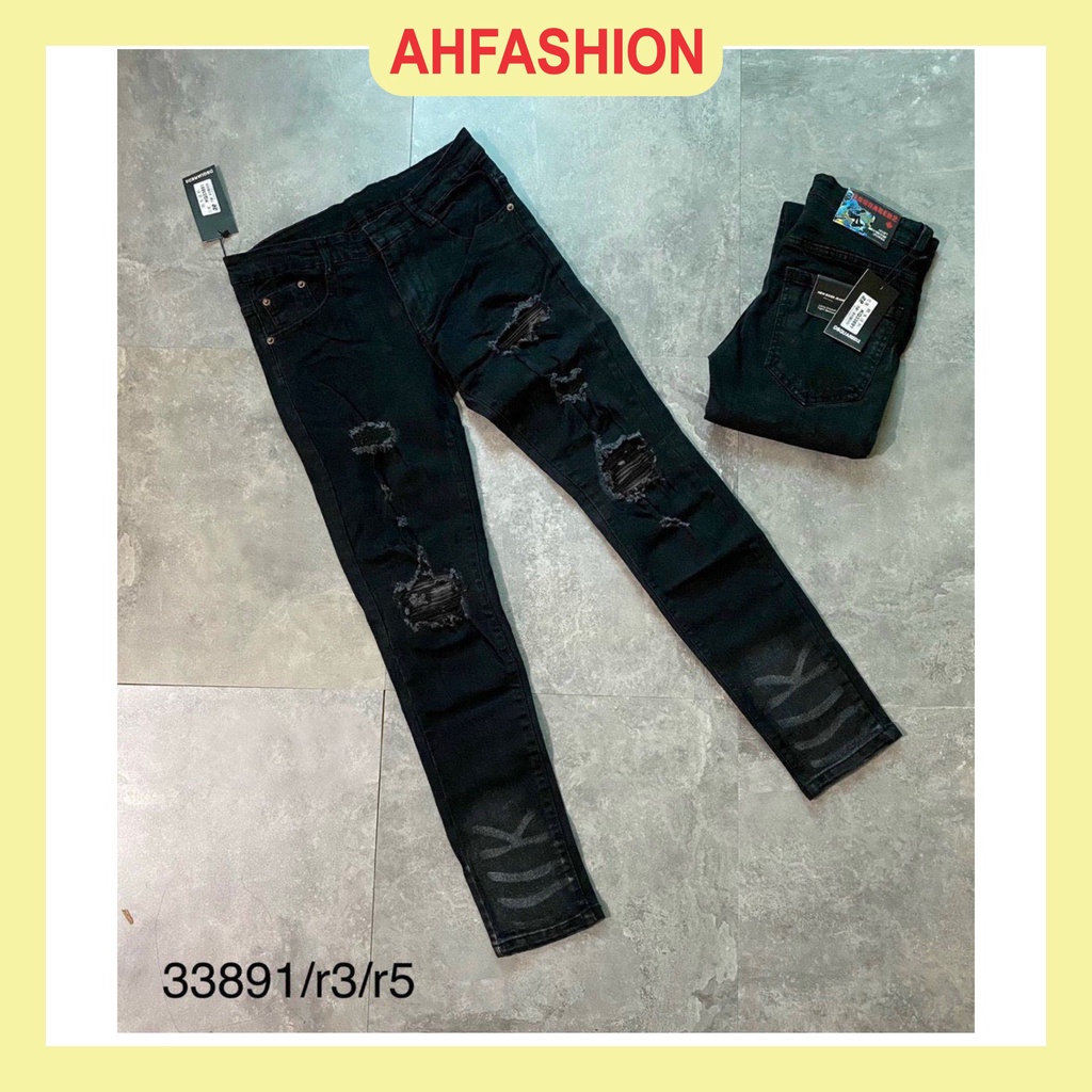 Quần jean nam đen rách gối chất bò form dáng skinny co giãn tốt cao cấp-AHFASHION