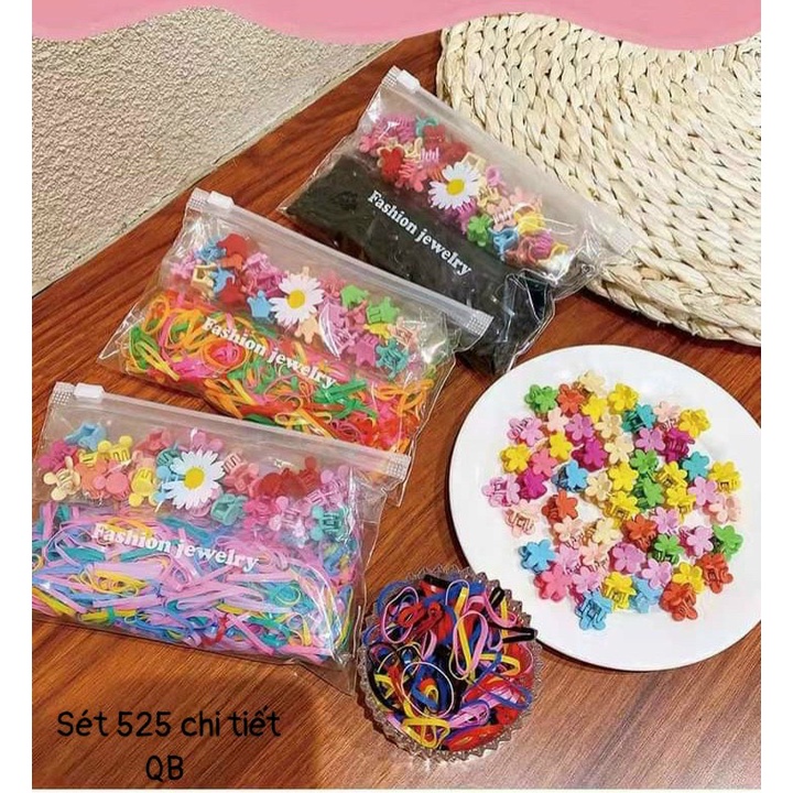 Set 525 chi tiết kẹp càng cua mini  phối buộc tóc kiểu bông hoa dễ thương cho bé gái kèm túi