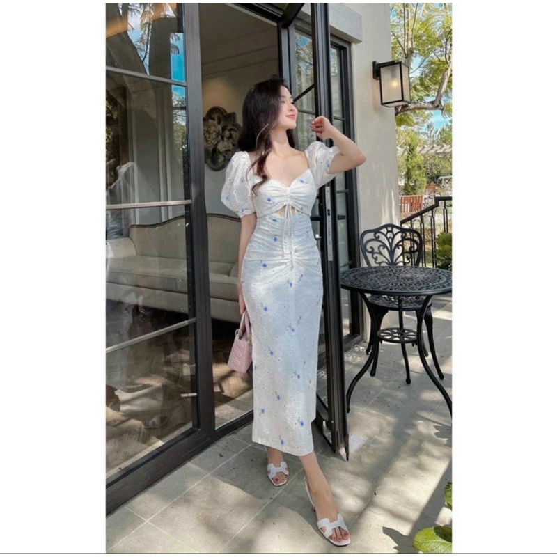Đầm nữ xô thêu tay bồng rút ngực dáng dài