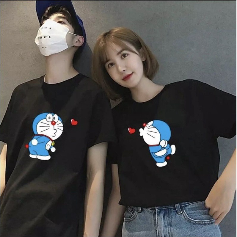 Áo đôi nam nữ, áo phông cặp in hình nhỏ xinh Doraemon - Khủng Long -  Cặp Đôi