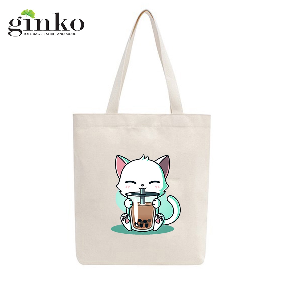 Túi Tote GINKO Vải Canvas  có dây kéo khóa (có túi con bên trong) In Hình Boba Cat from TeeTurtle Day of the Shirt-GK24