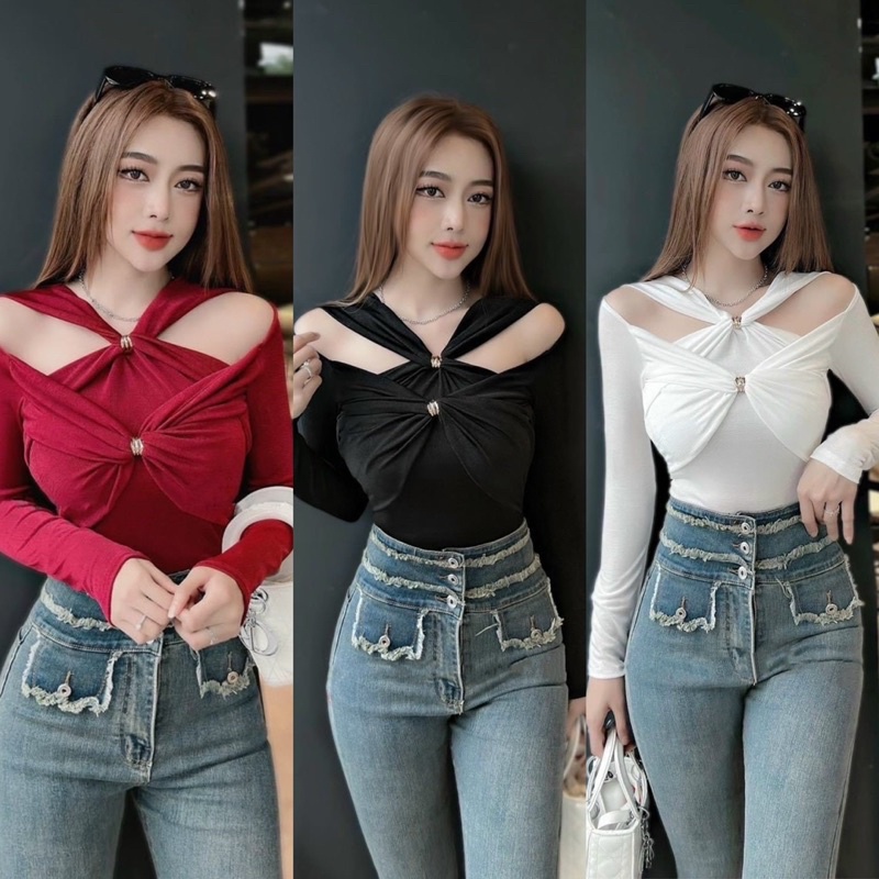 BIGSIZETIX Áo thun tay dài dây chéo thiết kế khoét vai xinh xắn 50-90kg