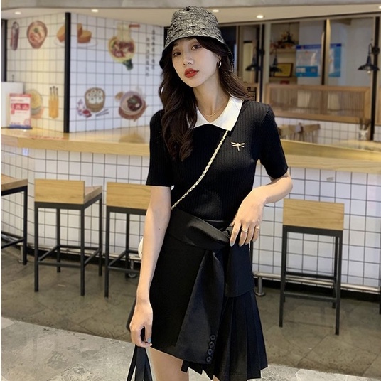 Minimalist Labo Áo thun polo dệt kim tay ngắn thêu hình chuồn chuồn dễ thương thời trang