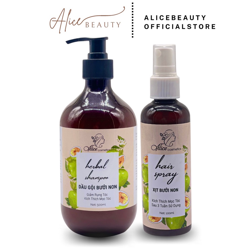 Combo Dầu Gội Bưởi, Xịt mọc tóc tinh dầu bưởi ALICE COSMETICS 500ml chăm sóc tóc giúp tóc chắc khỏe chống gãy rụng