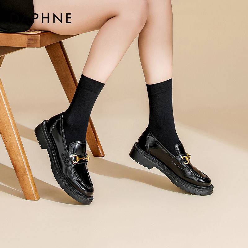 Giày da nhỏ đế dày màu đen nữ gót vừa phong cách Anh