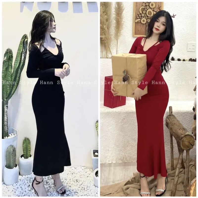 Đầm Body Dáng Dài Đuôi Cá Tay Dài Dây Cổ Sang chảnh Nữ Tính Thời Trang Nữ Nine Clothing
