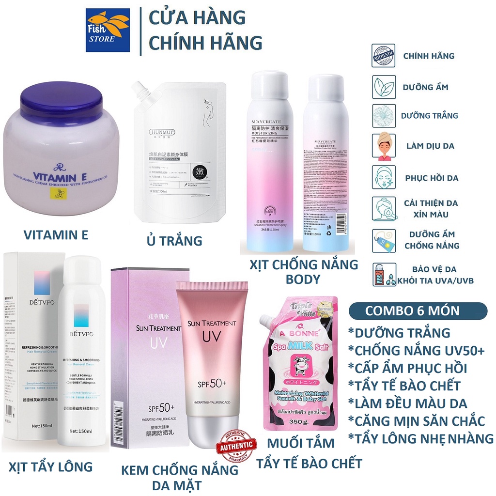 Bộ 6 món chăm sóc trắng da, dưỡng ẩm, tẩy lông, chống nắng từ A-Z