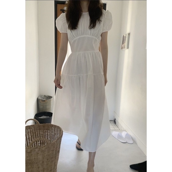 Đầm váy babydoll trắng rút nhún cotton