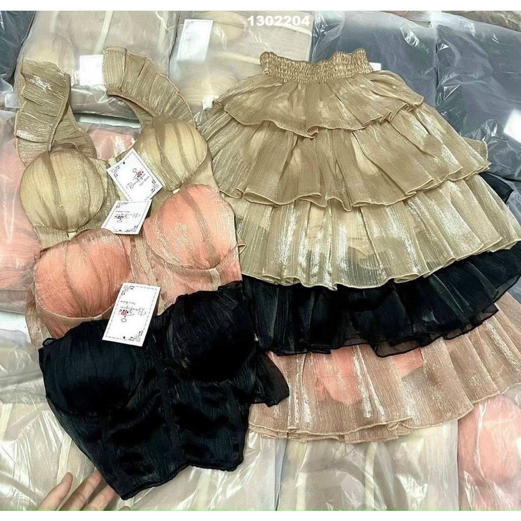 Set kiểu nữ xinh set tơ nhũ 2 dây phối chân váy tầng trẻ trung dễ thương