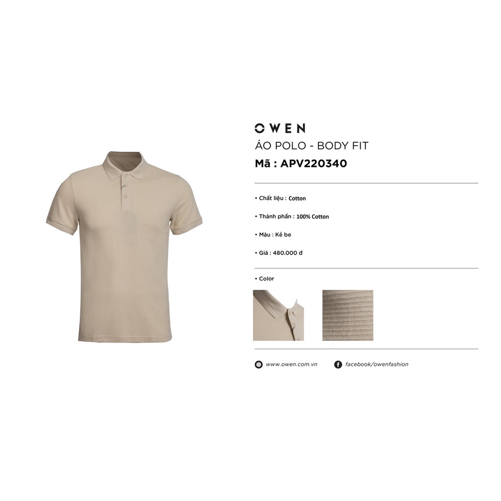 Áo polo owen màu be kẻ ngang chìm body fit vải cotton APV220340