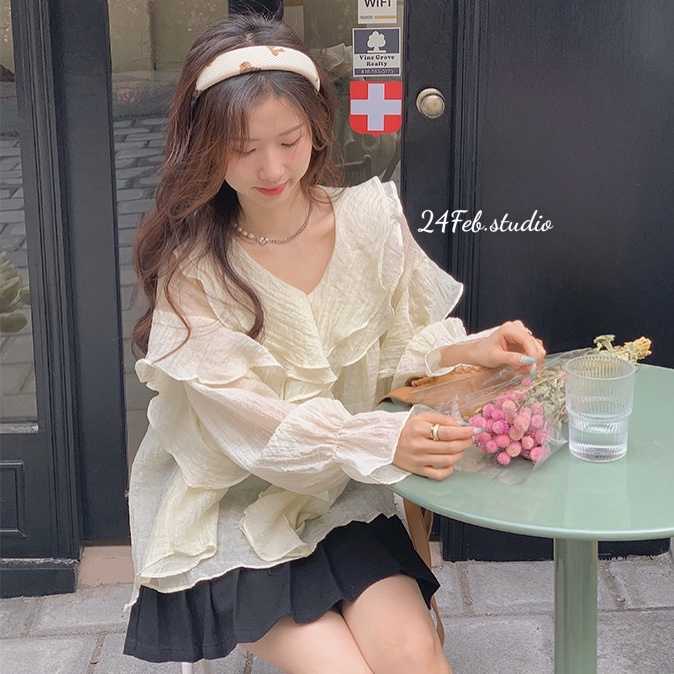 Áo sơ mi tơ cổ bèo tiểu thư phong cách vintage Hàn Quốc