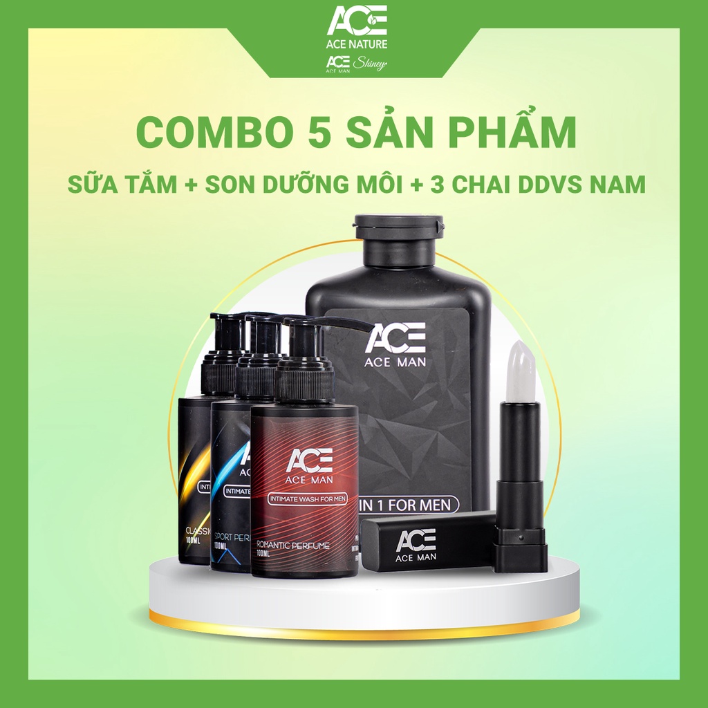 COMBO 5 sản phẩm ACEMAN 1 chai sữa tắm 3 chai dung dịch vệ sinh nam 1 thỏi son dưỡng môi nam không màu