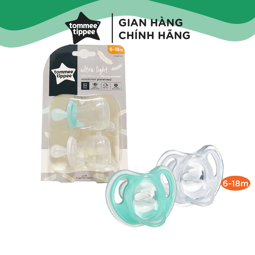 Ty ngậm silicon siêu nhẹ cho bé Tommee Tippee Ultra Light 6-18 tháng (vỉ đôi) - Xanh ngọc/Trắng