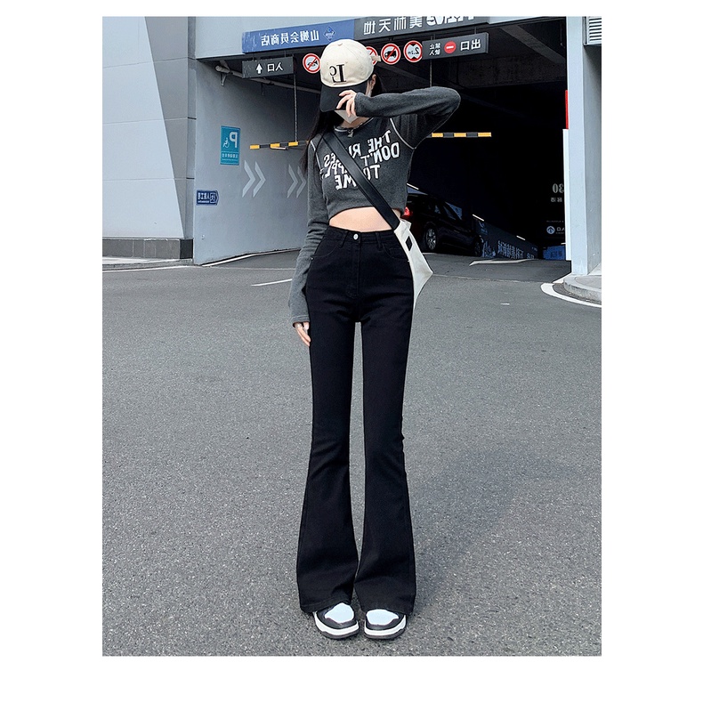 Quần jean nữ ống loe lưng cao chất vải dày dặn màu đen tuyền quần ống loe cạp cao sora AA98 | BigBuy360 - bigbuy360.vn