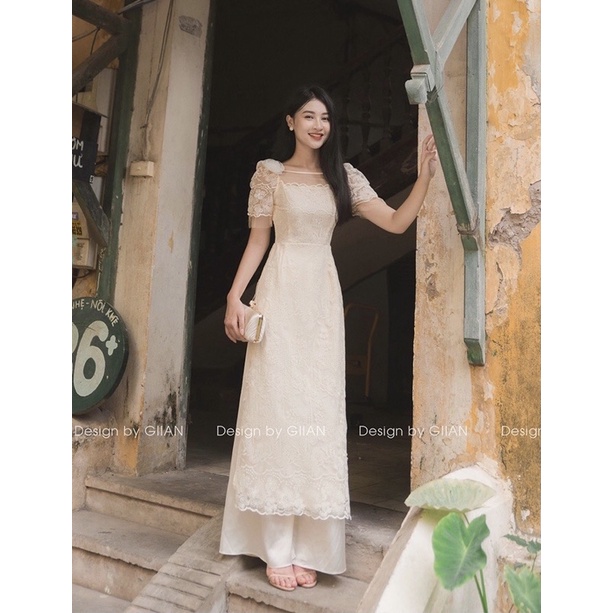 Áo dài cách tân nữ thiết kế ren nơ cài xinh xắn