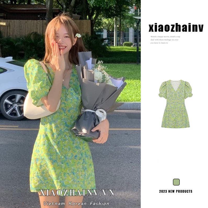 Đầm dáng chữ A XIAOZHAINV tay phồng cổ chữ V in hoa màu xanh lá phong cách Hàn Quốc thời trang xinh xắn cho nữ