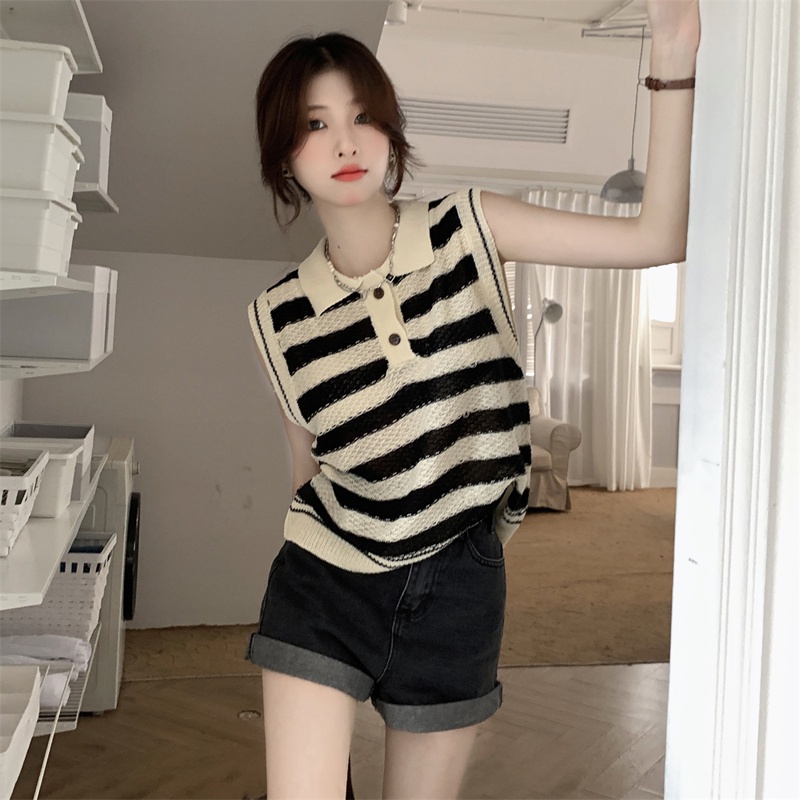 Áo dệt kim sát nách dáng rộng kẻ sọc phong cách retro cá tính