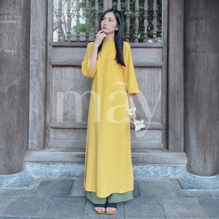 Áo Dài Thường Niên Lụa Tủ Nhà Mây màu vàng phối quần xanh Olive