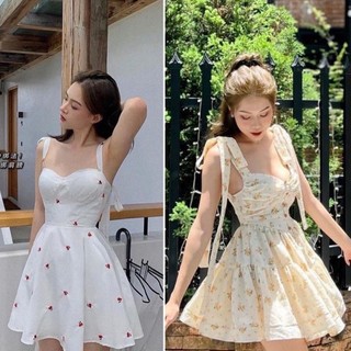 Sẵn set đầm 2s hai dây cherry cúp ngực nơ vai + áo khoác croptop