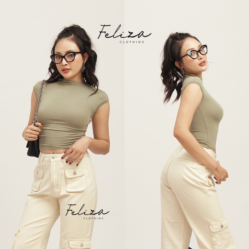 Áo croptop nữ dáng ôm cổ lọ thấp tay con chất thun cotton co giãn – Feliza Clothing