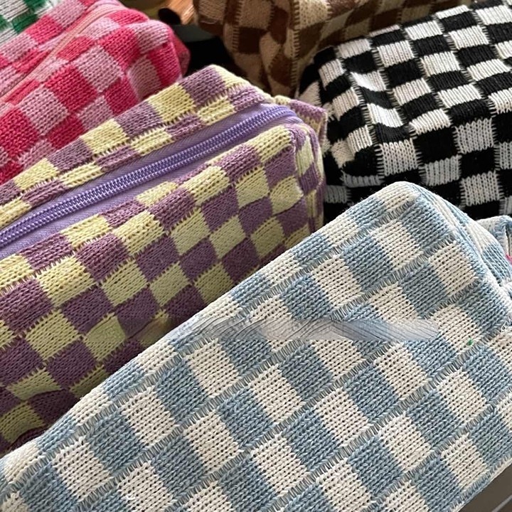 Túi đựng mỹ phẩm YADOU vải len dệt kim họa tiết kẻ sọc ca rô màu sắc tương phản phong cách Hàn Quốc sức chứa lớn