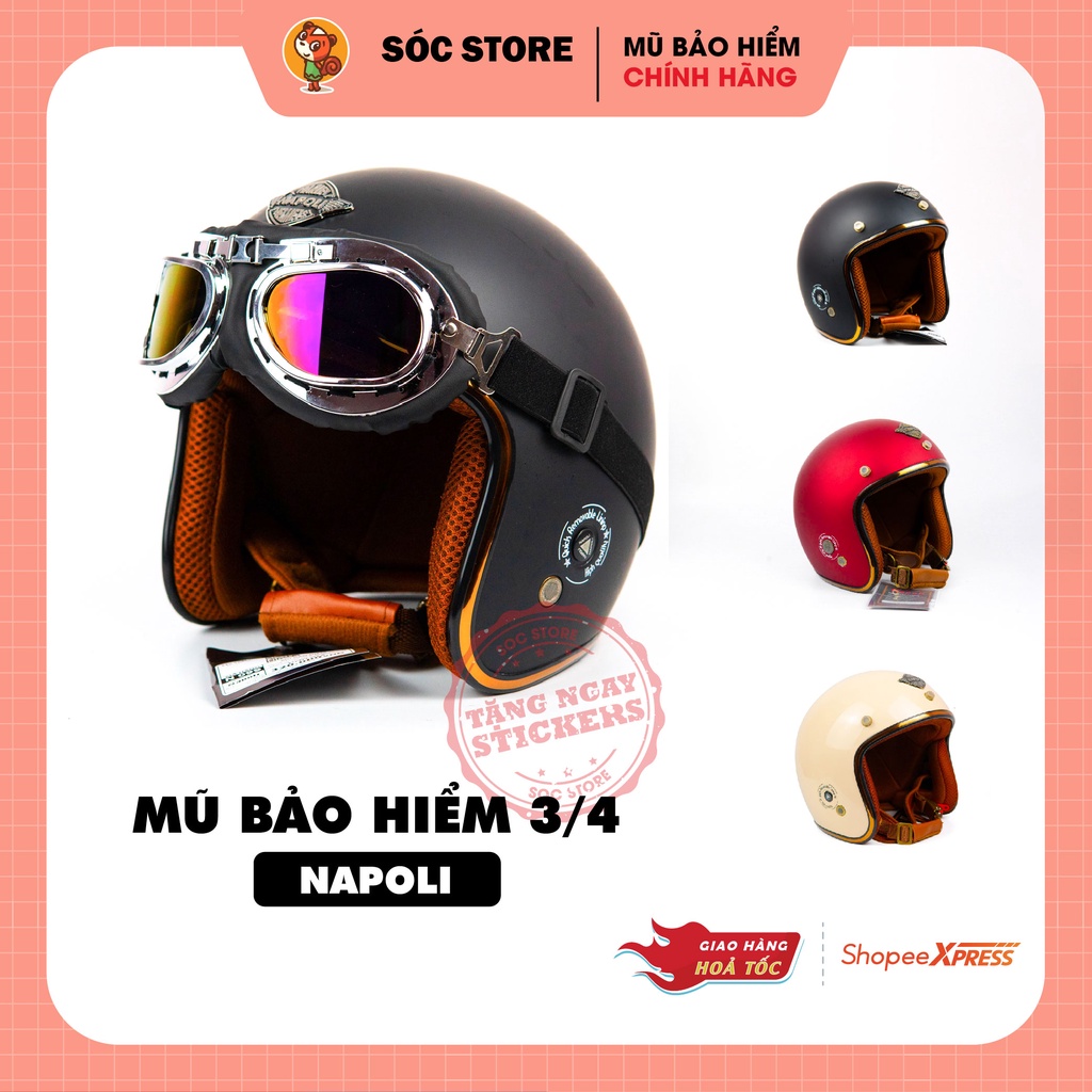 Mũ bảo hiểm 3/4 NAPOLI chính hãng, nón bảo hiểm 3/4 nam nữ Sóc Store freesize