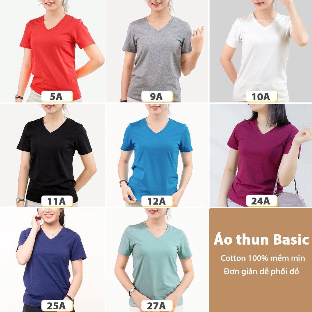 Áo thun cổ tim nữ TOLI màu trơn, vải cotton 4 chiều mềm mịn, dáng suông ôm vừa, đủ size [Ti-25A]