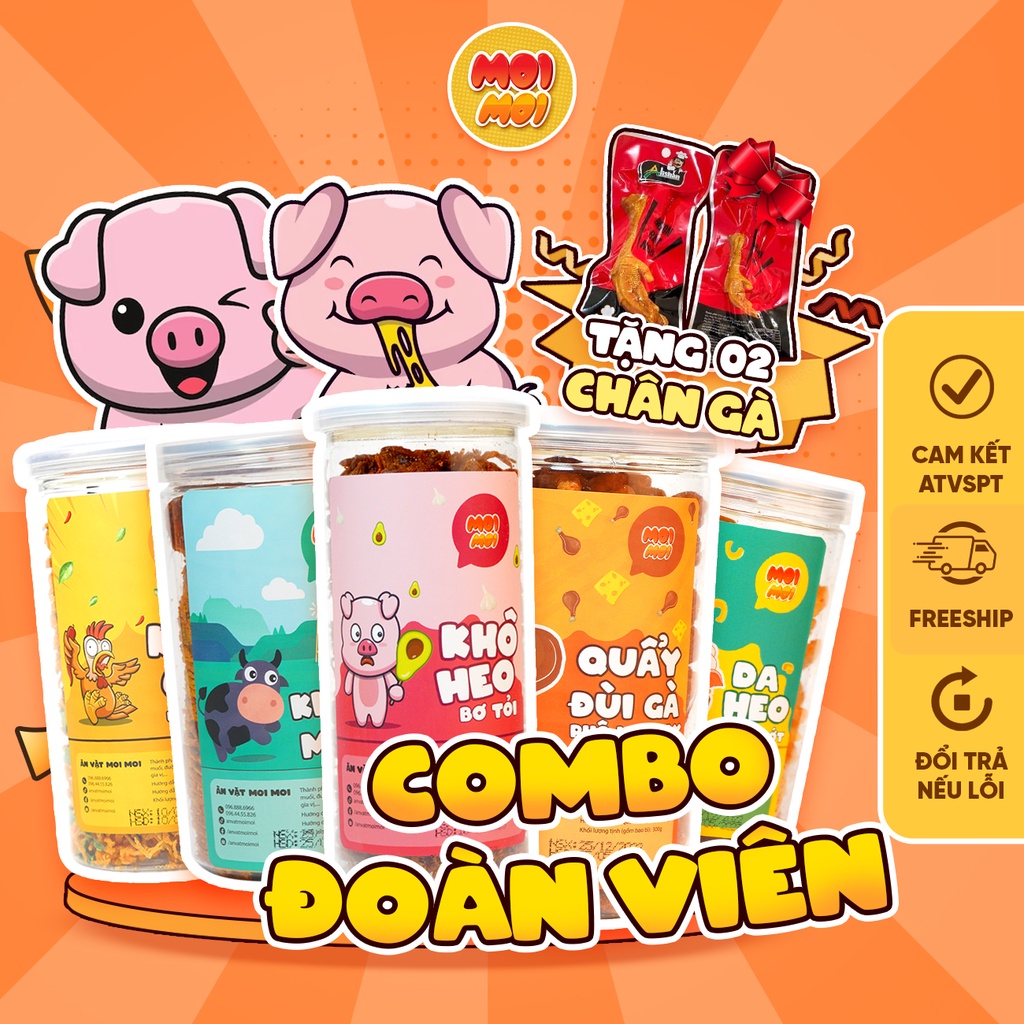 Combo 7 sản phẩm: Khô bò; Khô gà lá chanh; Khô heo bơ tỏi;Quẩy đùi gà;Da heo tỏi ớt + Tặng 2 chân gà - Đồ ăn vặt MoiMoi