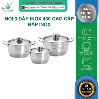 Bộ nồi inox đáy từ Fivestar Standard 3 chiếc nắp inox FS-B3010 (Kích thước 16cm - 20cm - 24cm) , 3 đáy dùng được mọi bếp