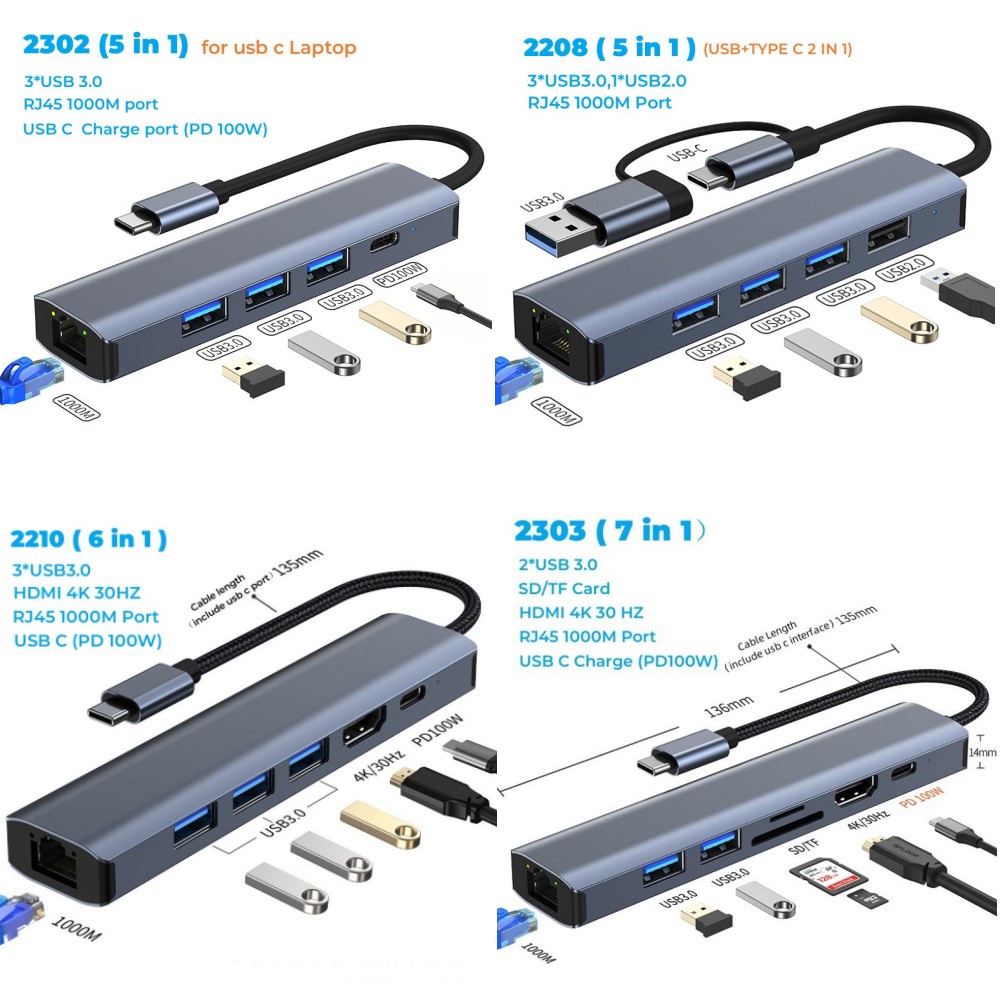 Đế Sạc USB C 3.1 HUB USB 3.0 RJ45 1000M PD 100W HDMI 4K 30HZ Cho Laptop Macbook