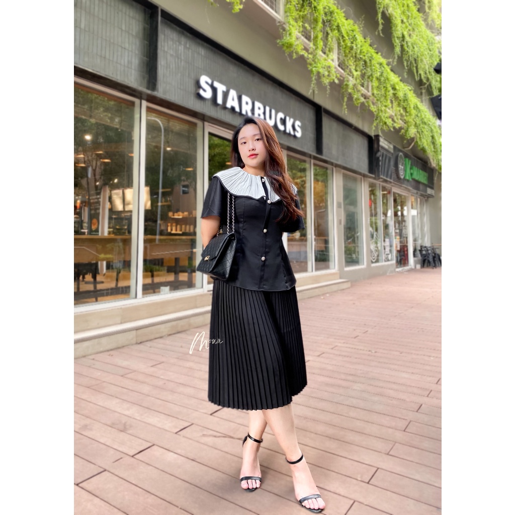 𝐒𝐎𝐅𝐈𝐀 ✿ Set Đồ BIGSIZE Nữ Sang Chảnh Gồm Áo Chiết Eo Phối Yếm & Chân Váy Xếp Ly Thanh Lịch Đi Làm, Đi Tiệc (55-95kg)
