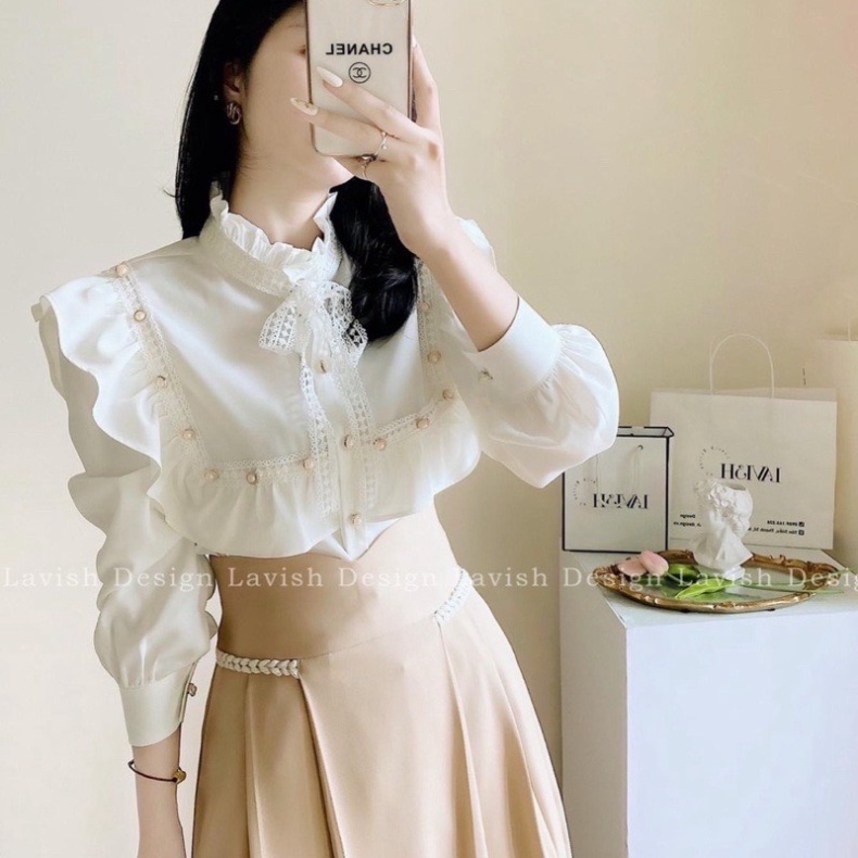 Áo sơ mi nữ - Áo sơ mi kiểu phối nơ điệu đà - tiểu thư sang chảnh mặc đi làm, đi học nội y xanh - chất mát