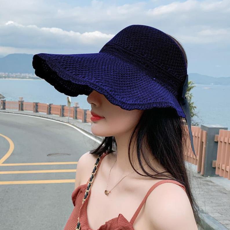 Mũ nón nữ cói gấp gọn nửa đầu thắt nơ sau phong cách Hàn Quốc