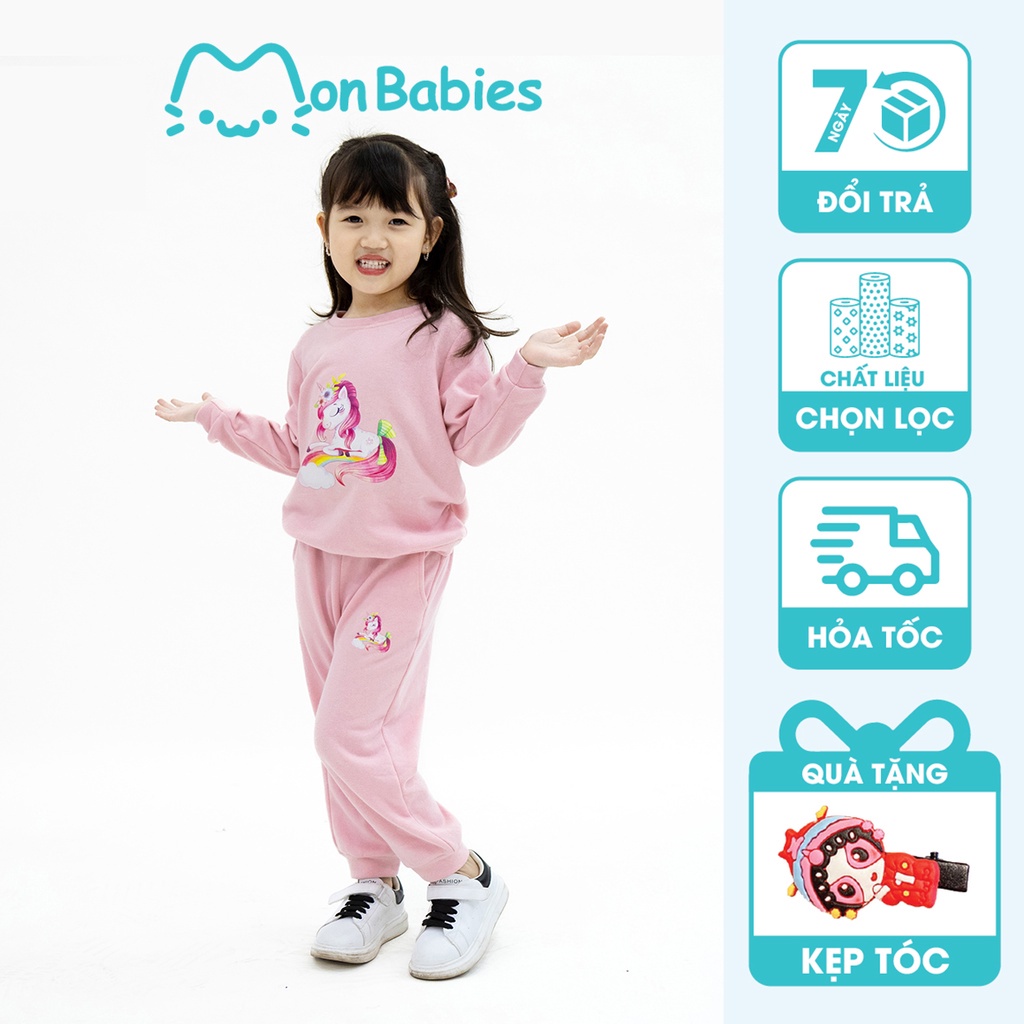 Bộ nỉ xuân hè cho bé gái chất liệu nỉ chân cua cao cấp, bộ mặc nhà dài tay bé gái MonBabies BMNG22W019