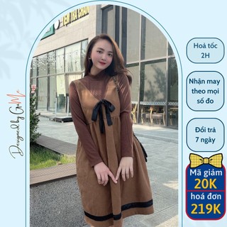 Váy bầu bigsize 40-100kg váy bầu thu đông - đầm bầu gume dáng babydoll nhung tăm phối len tăm nâu mb257