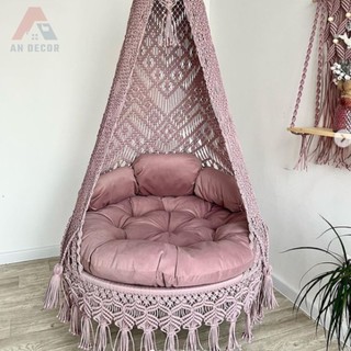 Xích đu hoàng gia đáy tròn 1m giường treo cung điện, xích đu công chúa, tặng kèm nệm gối tựa màu hồng vỏ đậu