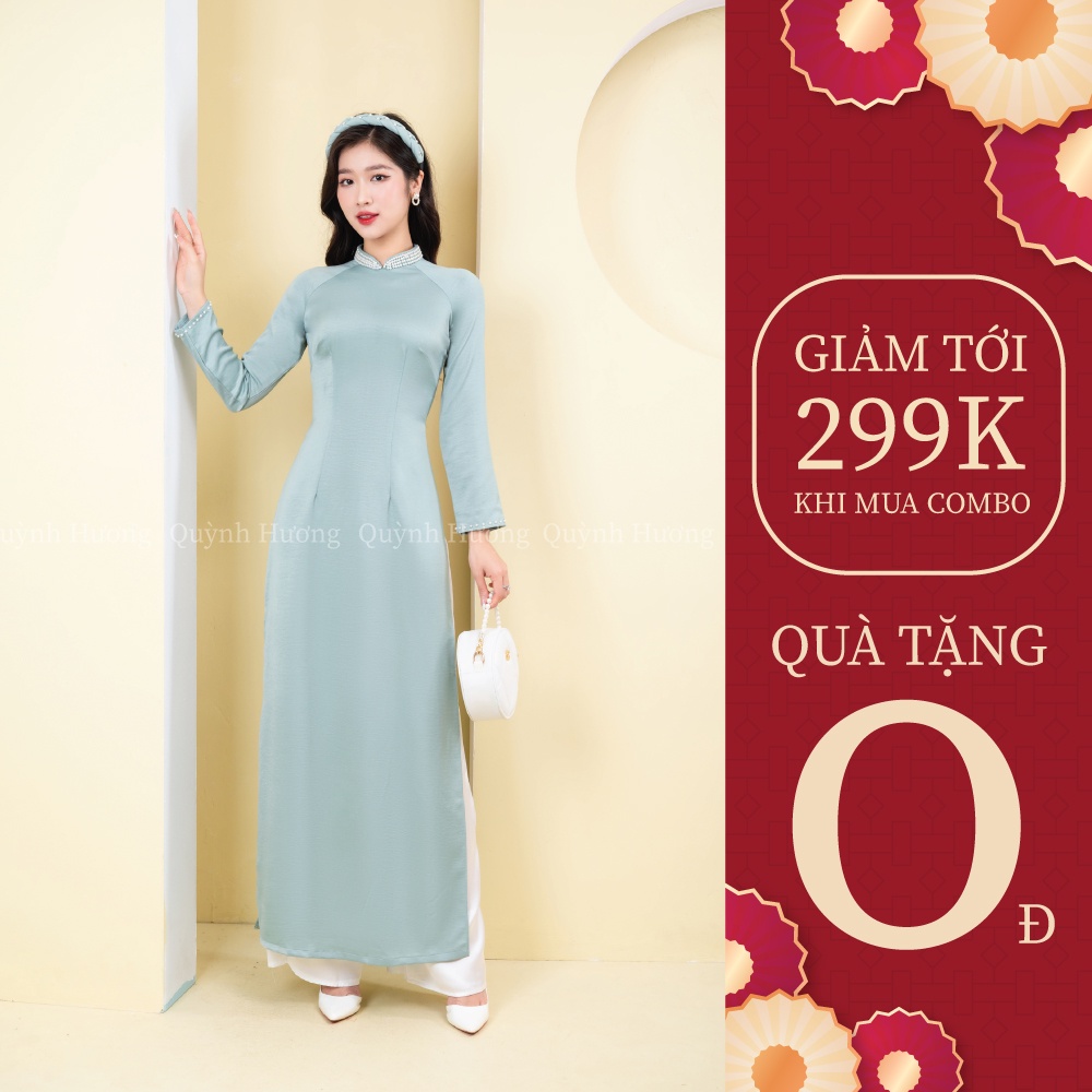 Áo dài dành cho giáo viên chất lụa tây thi màu xanh đính hạt trai dành by Quỳnh Hương