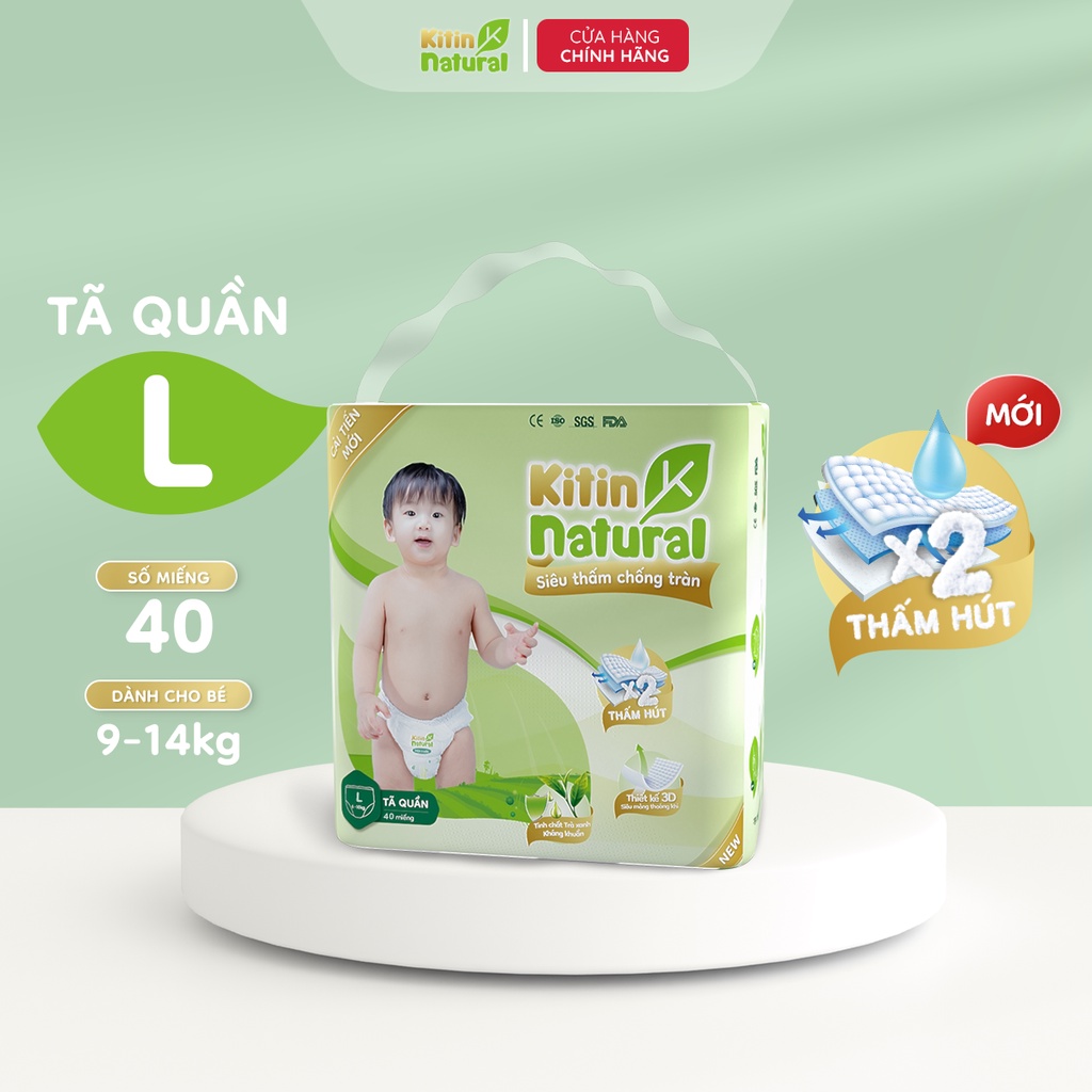 Combo 5 bịch Tã/Bỉm quần Kitin Natural size M44/L40/XL38/XXL36/XXXL34
