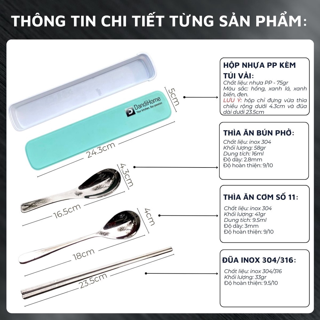 Hộp đựng đũa thìa (muỗng) cơm trưa văn phòng inox 304 tiện lợi DandiHome