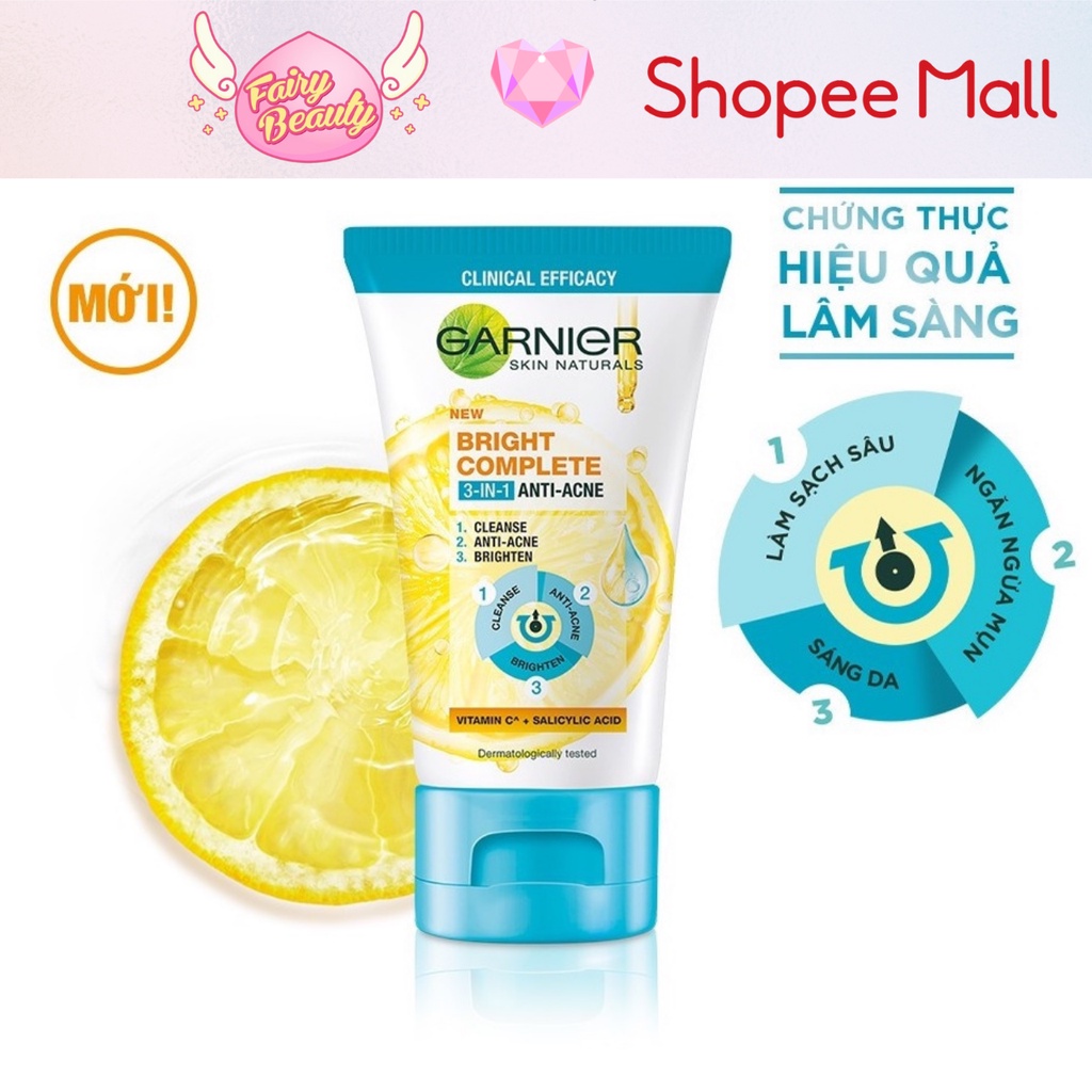 [GARNIER] Sữa Rửa Mặt 3 Trong 1 Giúp Ngăn Ngừa Mụn & Thông Thoáng Lỗ Chân Lông Bright Complete Anti-Acnes 50/90/100ml