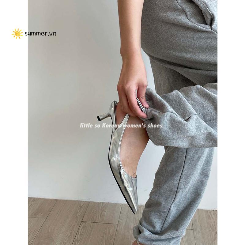 Giày Cao Gót Mũi Nhọn Màu Bạc Thời Trang Mùa Hè Dành Cho Nữ