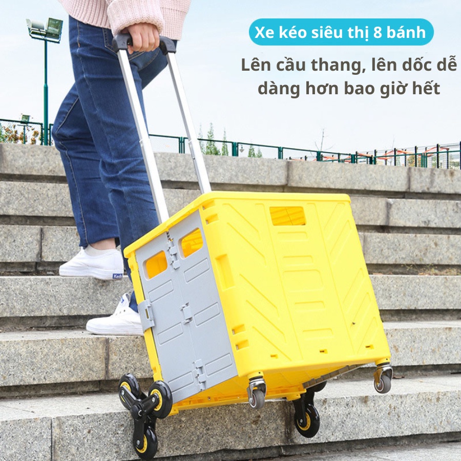 Xe kéo siêu thị gấp gọn, xe đẩy siêu thị 8 bánh dễ dàng di chuyển, thể tích lớn 45l- 65l