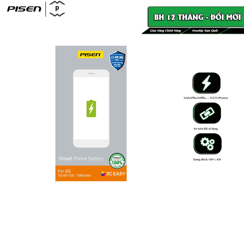  Pin Pisen dung lượng chuẩn cho IP 5s/5c, Bảo hành 12 tháng - Hàng chính hãng