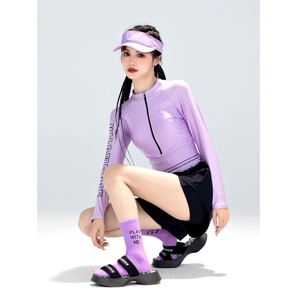 Đồ bơi nữ tay dài, áo tắm 2 mảnh kín đáo, chống nắng màu tím