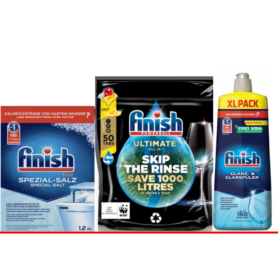Combo Viên rửa bát Finish Eco Ultimate 50 tabs + Muối rửa bát Finish 1.2kg + Nước dầu làm bóng bát finish 750ml