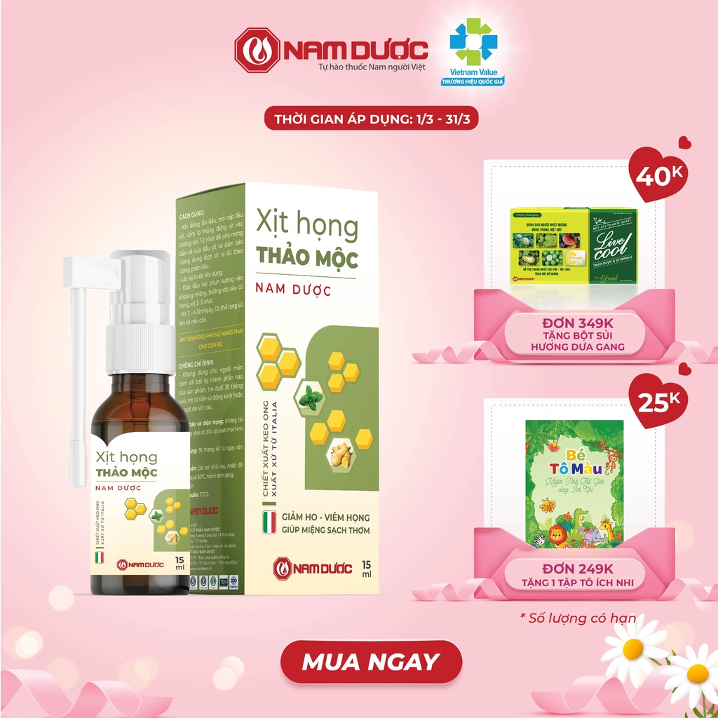 Xịt họng thảo mộc Nam Dược hỗ trợ giảm ho, giảm đau rát họng, long đờm, giảm khản tiếng, làm thơm miệng chai 15 ml