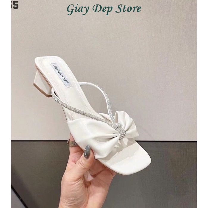 Guốc đế vuông 5p quai ngang thắt nơ dây xoàn đính đá Giày Đẹp Store B033