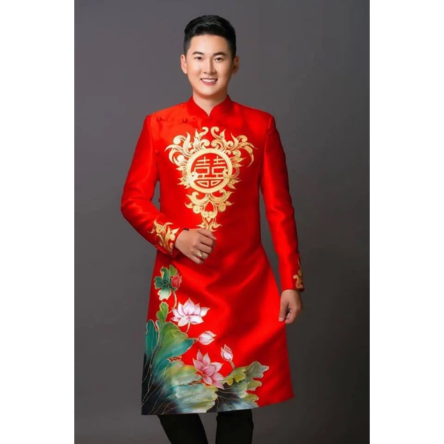 ADN1298 Áo Dài Cách Tân NAM MÀU ĐỎ VẼ HỌA TIẾT HOA SEN